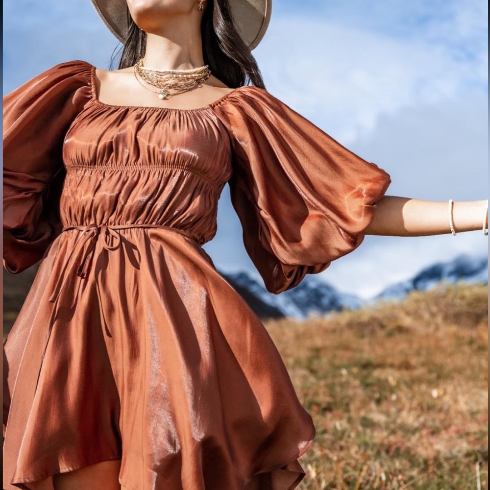 Altar’d State Shimmer Brown Soleil Puff Sleeve Dress (Medium)